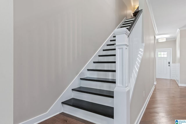 5182 Park Side Cir, Hoover, AL 35244 - stairs featuring crown molding and wood finished floors