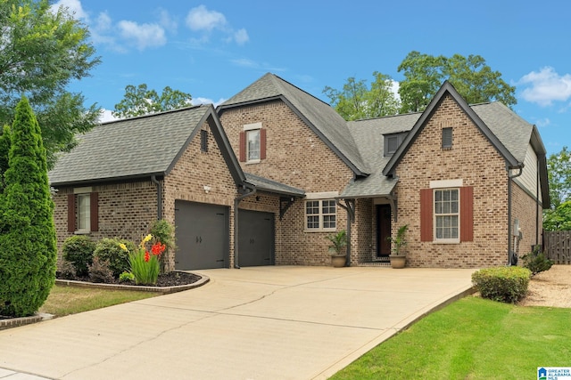 5182 Park Side Cir, Hoover, AL 35244 - tudor-style house with a garage, brick siding, concrete driveway, and roof with shingles