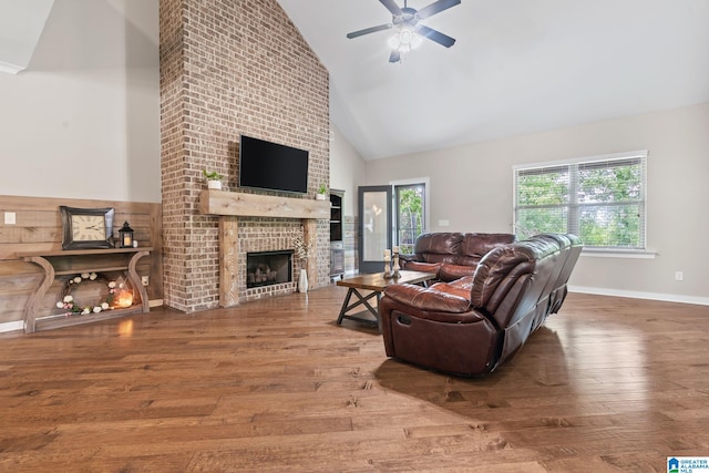 5182 Park Side Cir, Hoover, AL 35244 - living room with high vaulted ceiling, hardwood / wood-style flooring, a fireplace, and ceiling fan