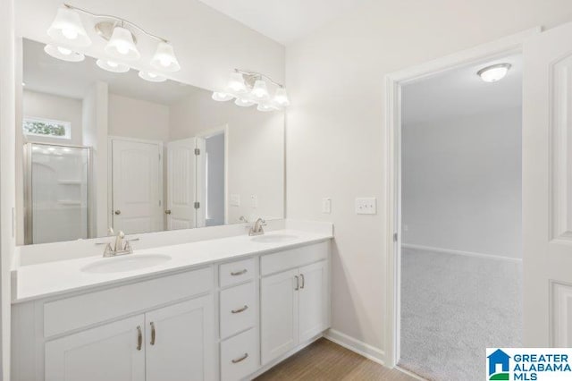 2029 Valley Run, Leeds, AL 35094 - bathroom featuring double vanity, baseboards, and a shower with shower door