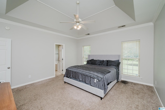 1166 Eagle Dr, Maylene, AL 35114 - bedroom with carpet floors, ornamental molding, ensuite bath, and ceiling fan
