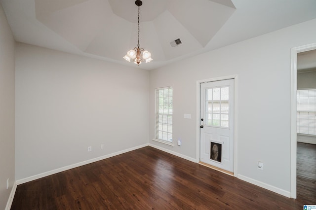 1166 Eagle Dr, Maylene, AL 35114 - entrance foyer featuring a chandelier, dark wood-style flooring, lofted ceiling, and a fireplace