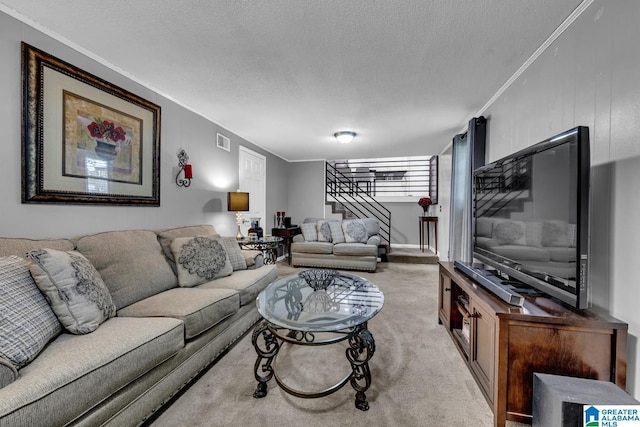 3303 Carousel Dr, Fultondale, AL 35068 - living room featuring crown molding, stairs, light colored carpet, and a textured ceiling