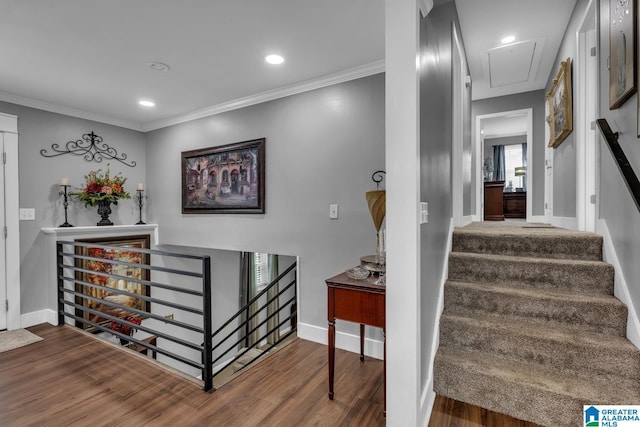 3303 Carousel Dr, Fultondale, AL 35068 - stairway with attic access, wood finished floors, recessed lighting, and crown molding