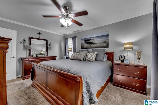 3303 Carousel Dr, Fultondale, AL 35068 - bedroom featuring light carpet, crown molding, and ceiling fan