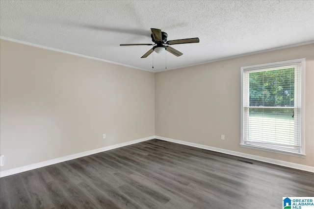 2009 Palmer Ave, Leeds, AL 35094 - empty room featuring dark wood-style floors, a textured ceiling, ceiling fan, crown molding, and baseboards