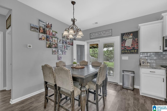 1515 Baxter Ave, Springville, AL 35146 - dining room featuring dark wood-type flooring, baseboards, and a chandelier