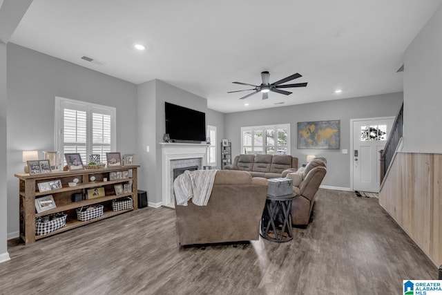 1515 Baxter Ave, Springville, AL 35146 - living room with a fireplace, wood finished floors, baseboards, a ceiling fan, and recessed lighting