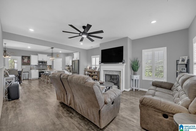 1515 Baxter Ave, Springville, AL 35146 - living area featuring dark wood finished floors, ceiling fan, recessed lighting, baseboards, and a fireplace