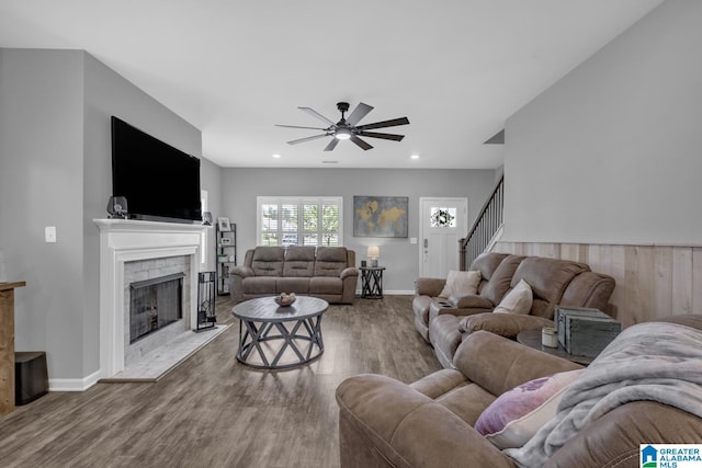 1515 Baxter Ave, Springville, AL 35146 - living area with a fireplace, a ceiling fan, wood finished floors, baseboards, and recessed lighting