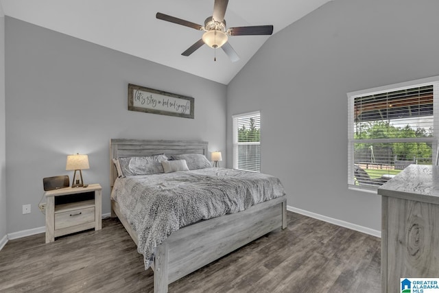 1515 Baxter Ave, Springville, AL 35146 - bedroom with wood finished floors, high vaulted ceiling, baseboards, and ceiling fan