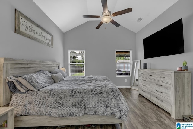 1515 Baxter Ave, Springville, AL 35146 - bedroom featuring wood finished floors, a ceiling fan, baseboards, and high vaulted ceiling