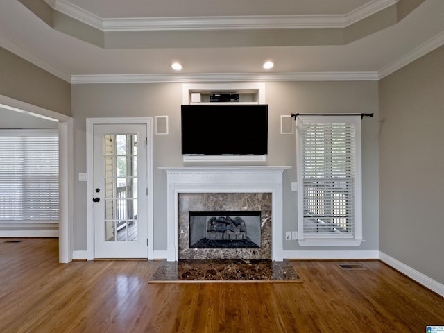 540 Crestview Ln, Trussville, AL 35173 - unfurnished living room with wood finished floors, a raised ceiling, crown molding, a premium fireplace, and recessed lighting