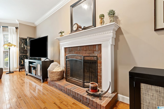 1963 Russet Hill Ln, Hoover, AL 35244 - living room with a brick fireplace, ornamental molding, and wood finished floors
