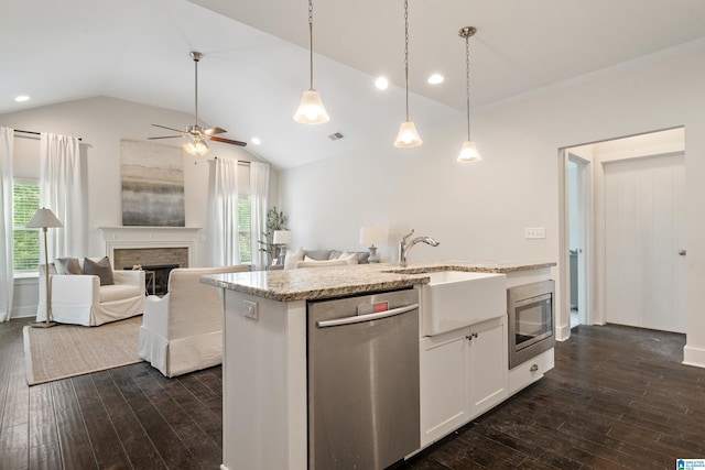 3024 Camellia Ridge Ct, Pelham, AL 35124 - kitchen featuring appliances with stainless steel finishes, open floor plan, dark wood-type flooring, vaulted ceiling, and light stone countertops