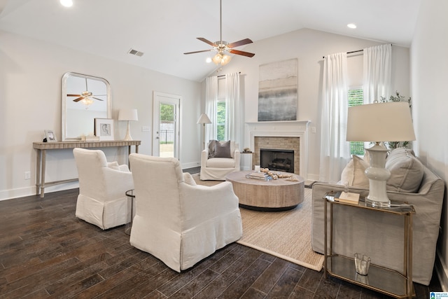 3024 Camellia Ridge Ct, Pelham, AL 35124 - living area with ceiling fan, dark wood finished floors, lofted ceiling, a brick fireplace, and recessed lighting
