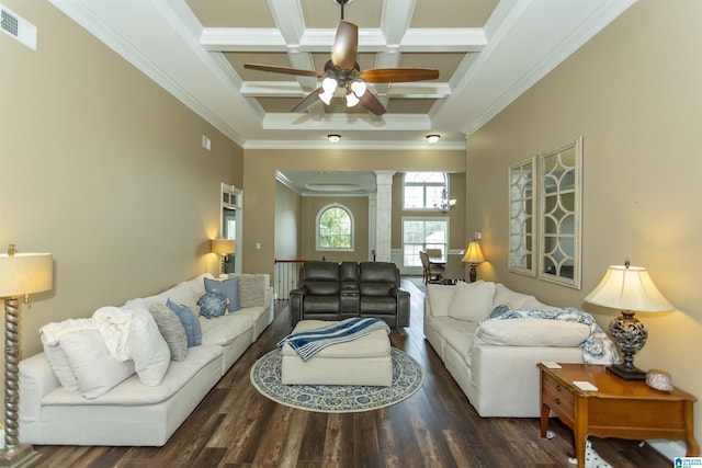 295 Homestead Dr, Cropwell, AL 35054 - living room featuring decorative columns, a ceiling fan, beamed ceiling, wood finished floors, and crown molding