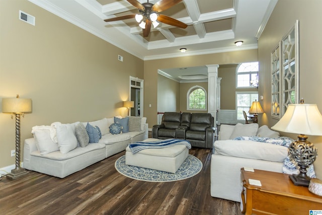 295 Homestead Dr, Cropwell, AL 35054 - living room with ornate columns, crown molding, a ceiling fan, coffered ceiling, and wood finished floors