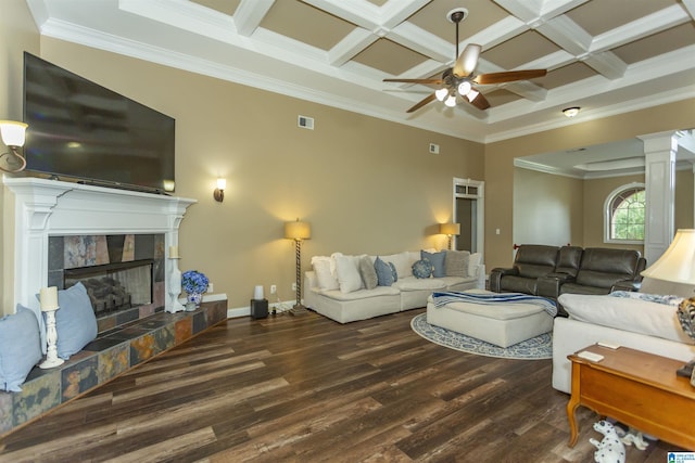 295 Homestead Dr, Cropwell, AL 35054 - living area featuring wood finished floors, ceiling fan, decorative columns, crown molding, and beam ceiling
