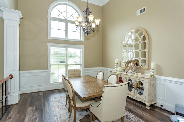 295 Homestead Dr, Cropwell, AL 35054 - dining room featuring a chandelier, wainscoting, dark wood-style floors, a decorative wall, and crown molding