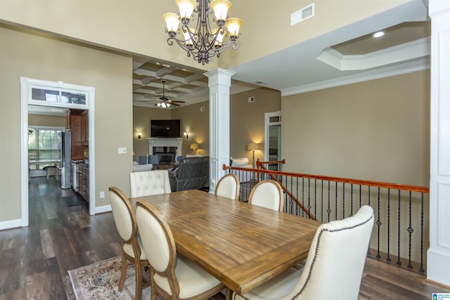 295 Homestead Dr, Cropwell, AL 35054 - dining room featuring ornate columns, ceiling fan, coffered ceiling, a fireplace, and dark wood finished floors