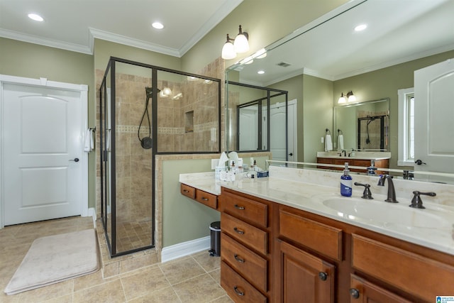 295 Homestead Dr, Cropwell, AL 35054 - full bathroom with a stall shower, vanity, tile patterned flooring, crown molding, and recessed lighting