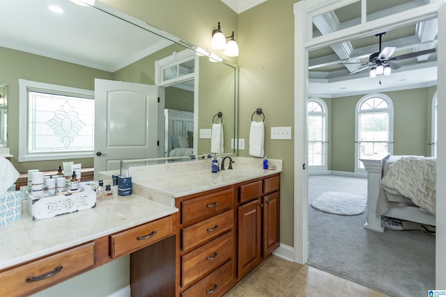 295 Homestead Dr, Cropwell, AL 35054 - ensuite bathroom with crown molding, vanity, tile patterned floors, coffered ceiling, and ceiling fan