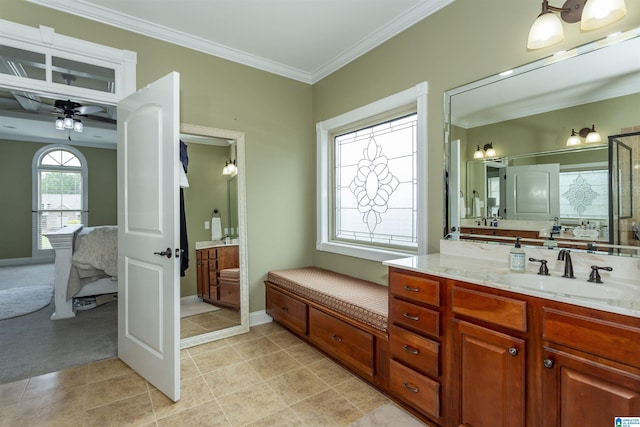 295 Homestead Dr, Cropwell, AL 35054 - ensuite bathroom featuring vanity, ornamental molding, tile patterned flooring, and a ceiling fan