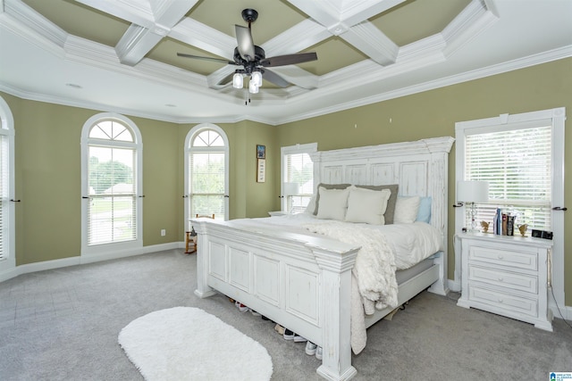 295 Homestead Dr, Cropwell, AL 35054 - bedroom with crown molding, light colored carpet, coffered ceiling, multiple windows, and beamed ceiling