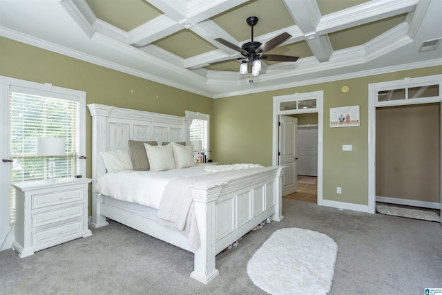 295 Homestead Dr, Cropwell, AL 35054 - bedroom featuring coffered ceiling, ornamental molding, light colored carpet, beamed ceiling, and a ceiling fan