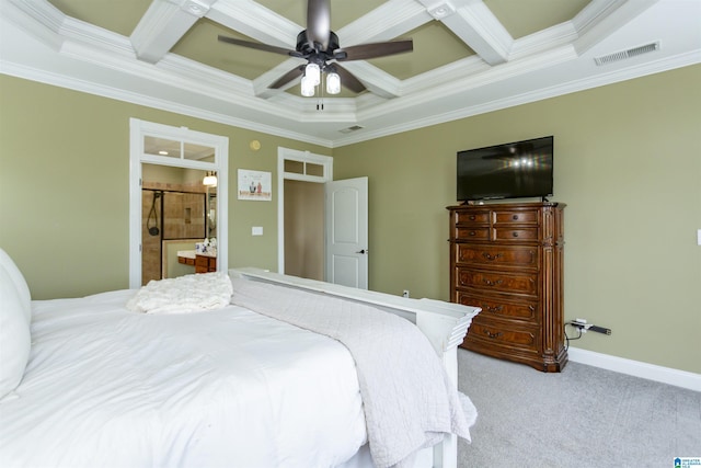 295 Homestead Dr, Cropwell, AL 35054 - carpeted bedroom featuring ornamental molding, coffered ceiling, ensuite bathroom, and a ceiling fan