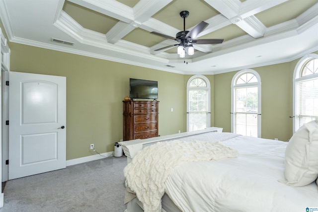 295 Homestead Dr, Cropwell, AL 35054 - bedroom featuring light carpet, ornamental molding, beamed ceiling, coffered ceiling, and ceiling fan