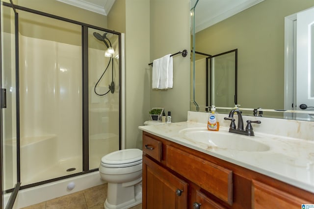 295 Homestead Dr, Cropwell, AL 35054 - bathroom featuring crown molding, a stall shower, vanity, and tile patterned flooring