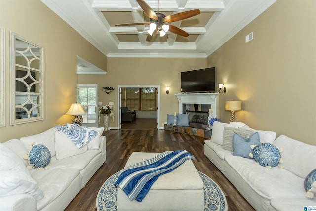 295 Homestead Dr, Cropwell, AL 35054 - living room with ornamental molding, coffered ceiling, ceiling fan, a fireplace, and wood finished floors