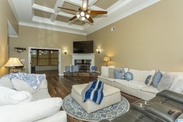 295 Homestead Dr, Cropwell, AL 35054 - living area with coffered ceiling, ornamental molding, wood finished floors, ceiling fan, and a tile fireplace