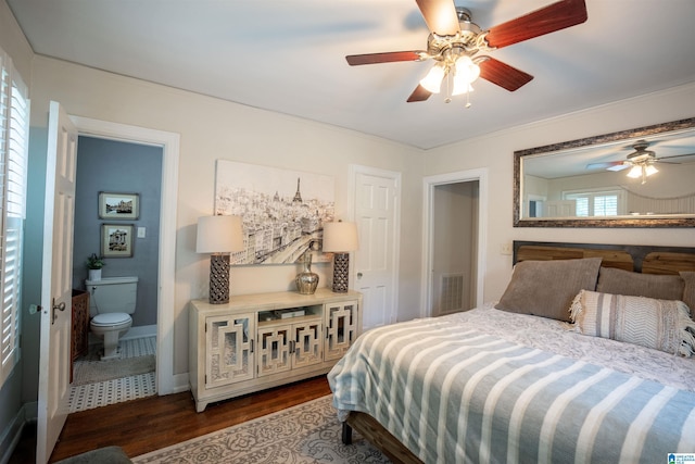 2000 S 21st Ave, Birmingham, AL 35209 - bedroom with dark wood-style floors, connected bathroom, ceiling fan, and ornamental molding
