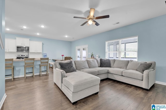 1009 Canvasback Way, Alabaster, AL 35007 - living area featuring french doors, a ceiling fan, recessed lighting, and dark wood-style flooring