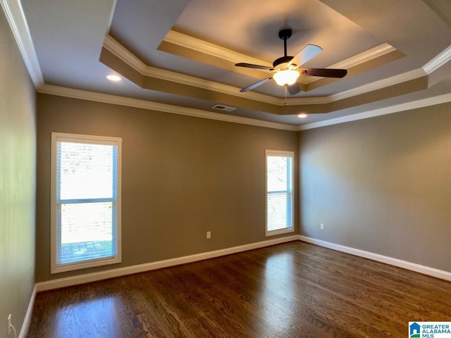 168 Willow View Ln, Westover, AL 35186 - empty room with a raised ceiling, ornamental molding, dark wood finished floors, ceiling fan, and recessed lighting