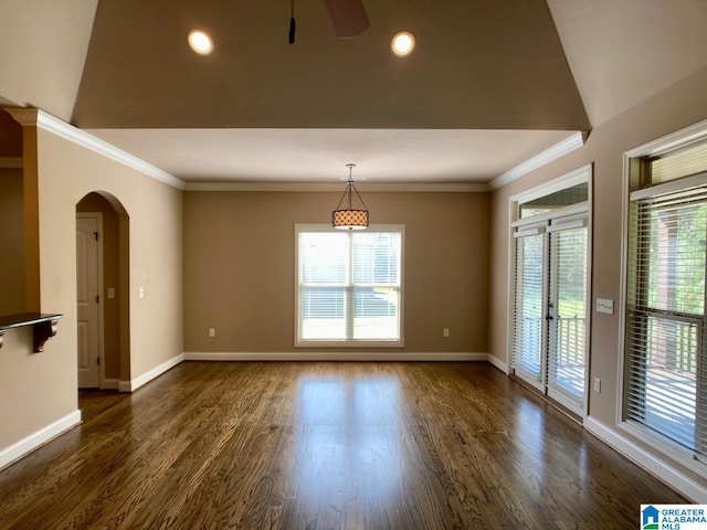 168 Willow View Ln, Westover, AL 35186 - empty room with arched walkways, crown molding, dark wood-style flooring, healthy amount of natural light, and ceiling fan