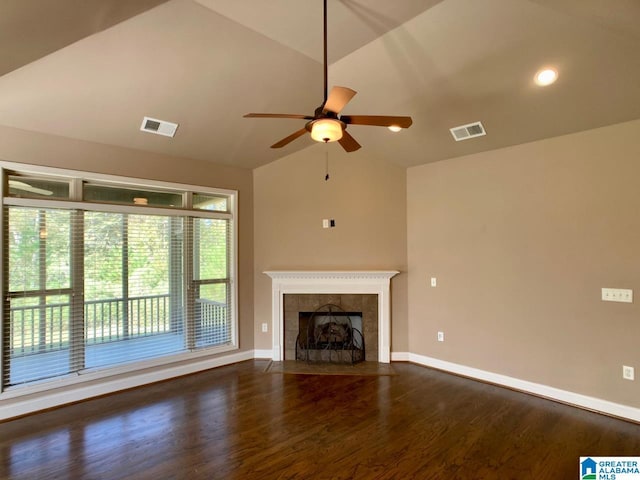 168 Willow View Ln, Westover, AL 35186 - unfurnished living room with lofted ceiling, a ceiling fan, wood finished floors, and a fireplace