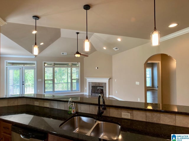 168 Willow View Ln, Westover, AL 35186 - kitchen featuring dishwasher, open floor plan, dark stone countertops, arched walkways, and a ceiling fan