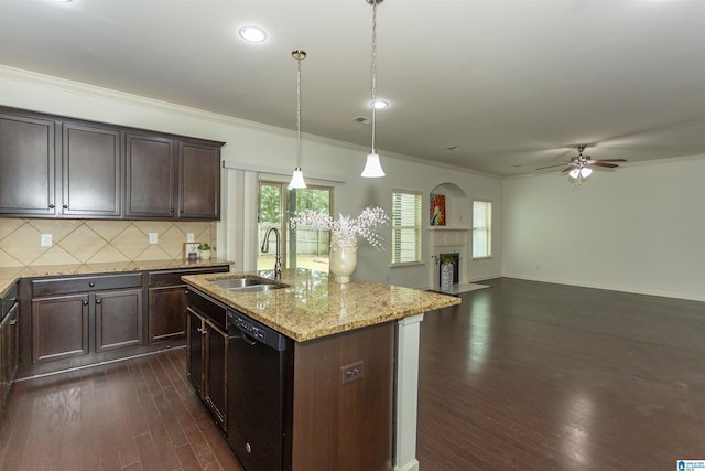 319 Glen Cross Way, Trussville, AL 35173 - kitchen featuring dishwasher, dark wood-type flooring, dark brown cabinetry, light stone counters, and ornamental molding