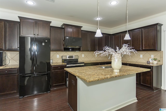 319 Glen Cross Way, Trussville, AL 35173 - kitchen with freestanding refrigerator, extractor fan, dark wood-style floors, light stone countertops, and a center island