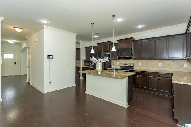 319 Glen Cross Way, Trussville, AL 35173 - kitchen featuring electric stove, black microwave, ornamental molding, dark brown cabinetry, and light stone countertops