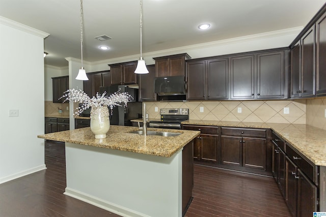 319 Glen Cross Way, Trussville, AL 35173 - kitchen with stainless steel electric range, freestanding refrigerator, ornamental molding, light stone counters, and dark brown cabinetry