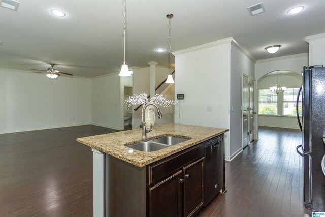 319 Glen Cross Way, Trussville, AL 35173 - kitchen featuring black appliances, crown molding, ceiling fan, dark brown cabinets, and light stone counters