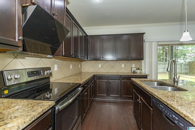 319 Glen Cross Way, Trussville, AL 35173 - kitchen featuring stainless steel electric stove, dishwasher, ventilation hood, crown molding, and dark brown cabinetry
