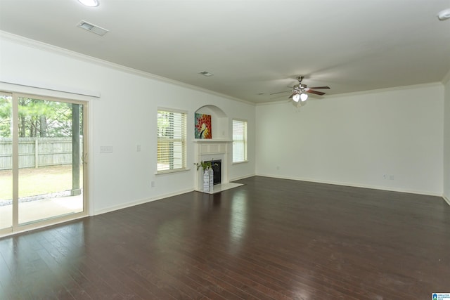 319 Glen Cross Way, Trussville, AL 35173 - unfurnished living room with a ceiling fan, ornamental molding, dark wood-style flooring, and a fireplace