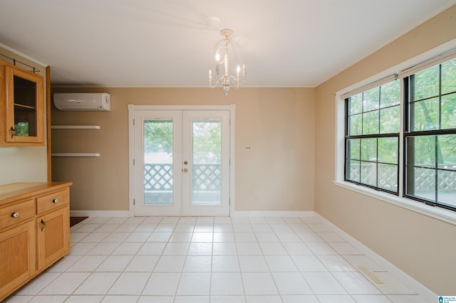 840 Black Acres Rd, Cropwell, AL 35054 - unfurnished dining area featuring an AC wall unit, a chandelier, and french doors