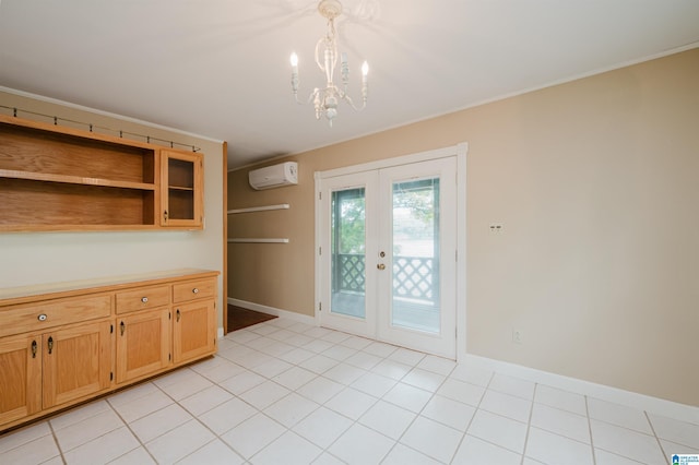 840 Black Acres Rd, Cropwell, AL 35054 - unfurnished dining area featuring a wall mounted AC, french doors, a chandelier, and ornamental molding